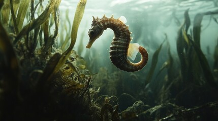 Submerged Seahorse in Kelp Forest: An Underwater Portrait