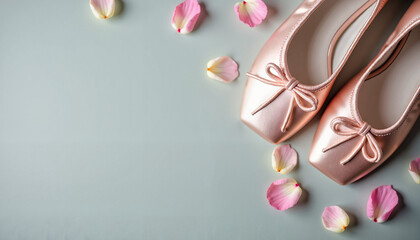 Fototapeta premium Pink ballet flats with rose petals on light background