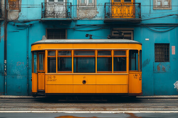 Yellow Vintage Tram Parked Against