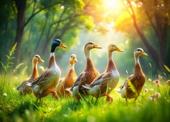 Surreal Summer Scene: Indian Runner Ducks in Vibrant Green Grass