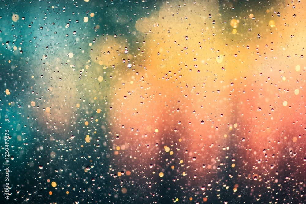 Aufkleber Raindrops create a vivid bokeh effect on a window with blurred city lights during a rainy evening