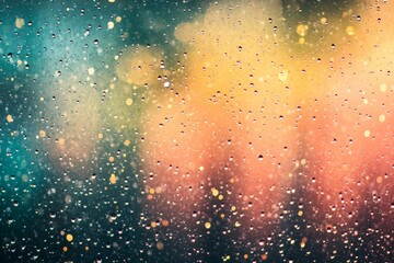 Obraz premium Raindrops create a vivid bokeh effect on a window with blurred city lights during a rainy evening