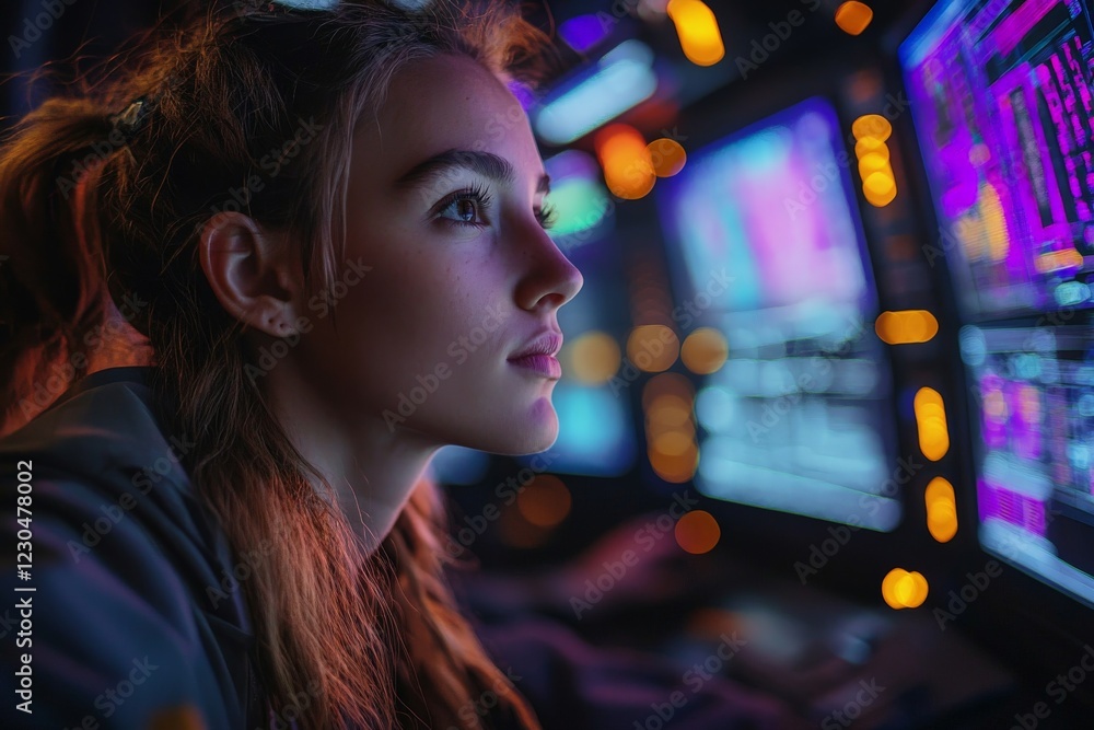 Poster young woman focused on computer screens while working late in a dimly lit tech environment
