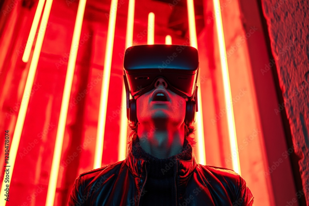 Poster exploring virtual reality in a neon-lit environment with immersive technology