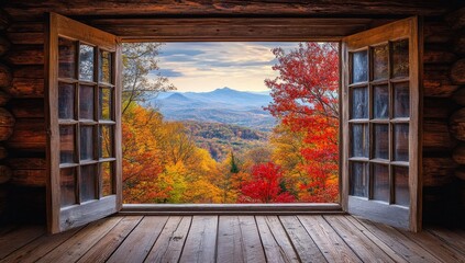 Autumnal Mountain View from Rustic Cabin Window