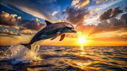 Fototapeta premium Surreal Sunset Dolphin: Sunglasses, Ocean Jump, Wildlife Photography
