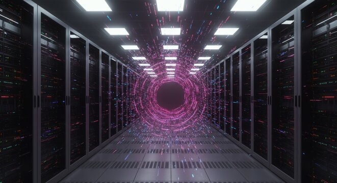 Data center server room with futuristic portal effect and glowing lights on the ceiling