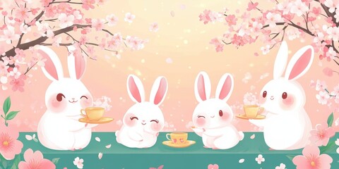 Adorable Rabbits Enjoying Tea Under Cherry Blossoms