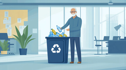 Illustration, a senior, elderly man, businessman putting a plastic bottle in a waste bin, the waste bin has the recycle logo on it, modern office environment. Recycle theme, zero waste, environmental 