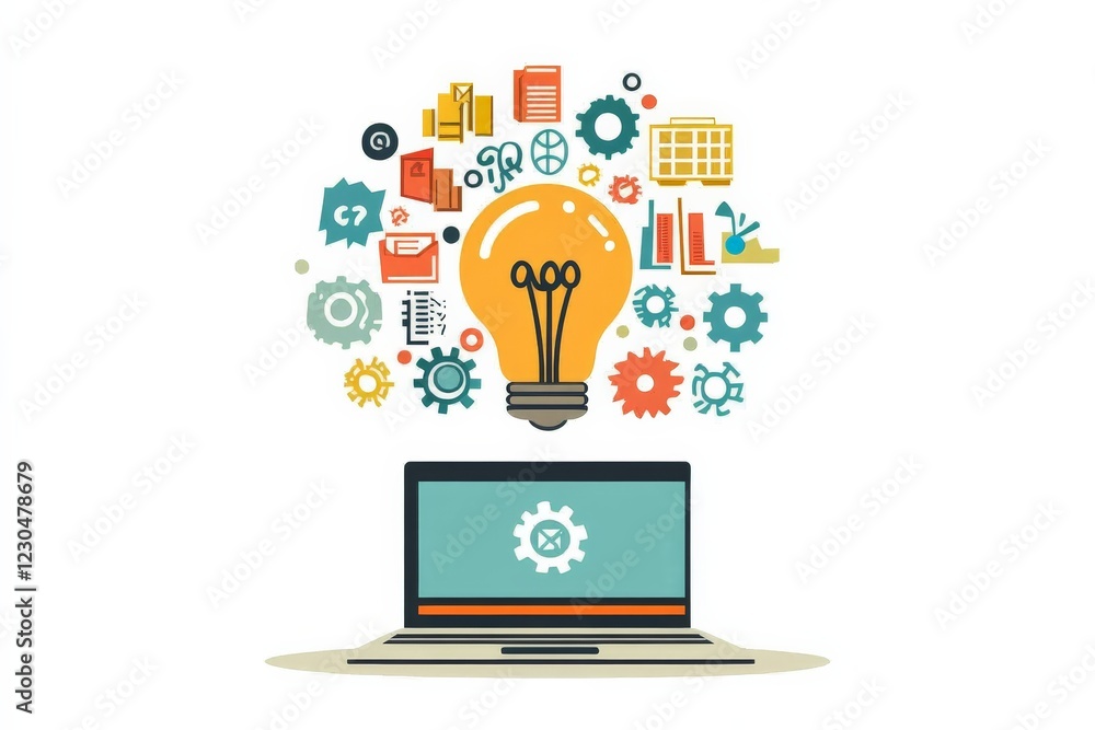 Poster creative concepts converge under a light bulb above a laptop showcasing innovation and technology in