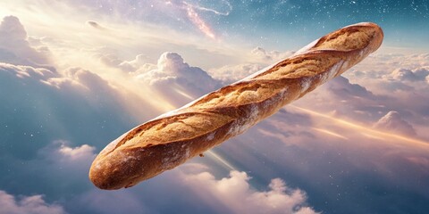 Obraz premium Surreal Top View of a French Baguette: Floating Crusty Bread, Dreamlike Bakery Scene