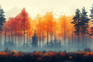 Autumnal Forest Scene With Birds In Flight