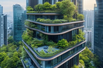 Obraz premium Modern skyscraper integrating lush greenery on various levels, blending architecture with nature. Surrounded by other high-rise buildings in a bustling cityscape
