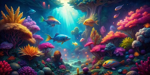 Surreal Underwater Fish Scene: Vibrant Coral Reef with Bio Luminescent Fish