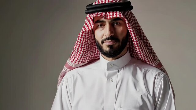 Confident Arab man wearing traditional keffiyeh and white thobe, looking directly at the camera with a friendly expression on a neutral background  
