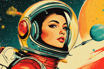 A vintage sci-fi poster features a fearless, glamorous girl in a futuristic space helmet and jetpack, boldly promoting women in the space force with planets and rocket ships in the background