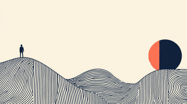 minimalist illustration featuring person standing on wavy lines with large sun in background, solid background illustration , sense of solitude and contemplation