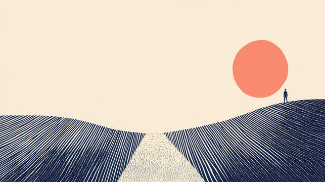 minimalist illustration featuring lone figure standing on winding path through stylized hills, with large sun setting in background, evoking sense of solitude and tranquility