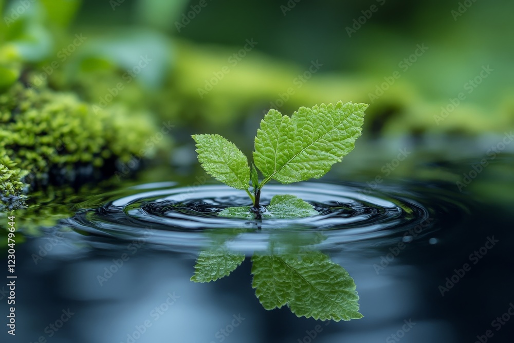 Poster fresh green sprout emerges from dark water, creating ripples in a serene natural setting