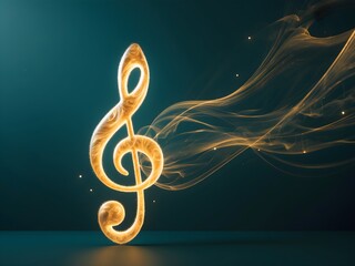 A gold treble clef on a black background.Single Music Note Design Element on Dark Background.Golden Music Notes and Treble Clef Floating Against Dark Background.