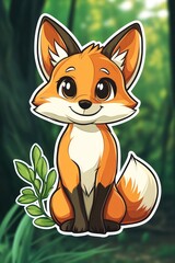Obraz premium Cute fox sitting in forest, green background, children's illustration