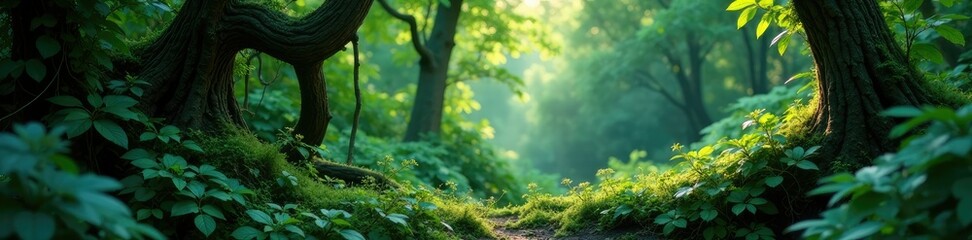 lush forest foliage with intertwined branches and stems, leaf ribs, plants, foliage