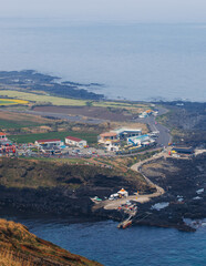 Udo Island, Jeju Island province, South Korea, Jeju-do, panoramic aerial view of coastline sea landscape in a sunny day, U-do Island, Soseom cow island, Jeju-si