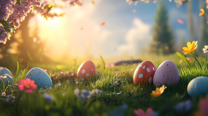 Happy Orthodox Easter, background with cute eggs, colorful festive decorations, traditional symbols, spring flowers,joyful holiday vibes, and a cheerful atmosphere for a beautiful gorgeous celebration