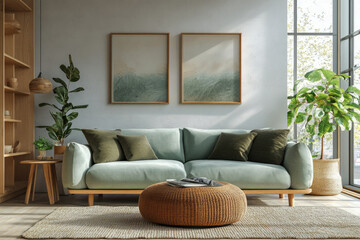 A modern living room interior styled with mint and olive tones, featuring minimalist decor, clean lines, and a serene atmosphere with functional yet inviting furniture