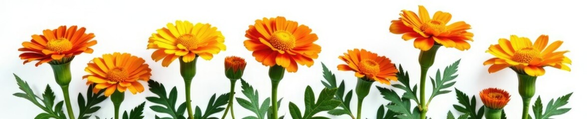 Fototapeta premium Marigold flowers with green leaf on white background isolated, nature, plant