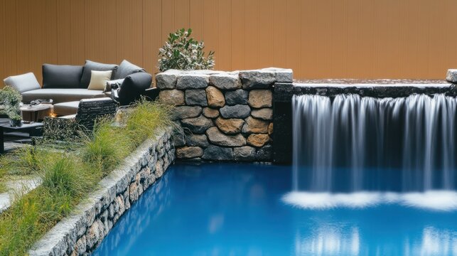 Modern poolside relaxation area with waterfall