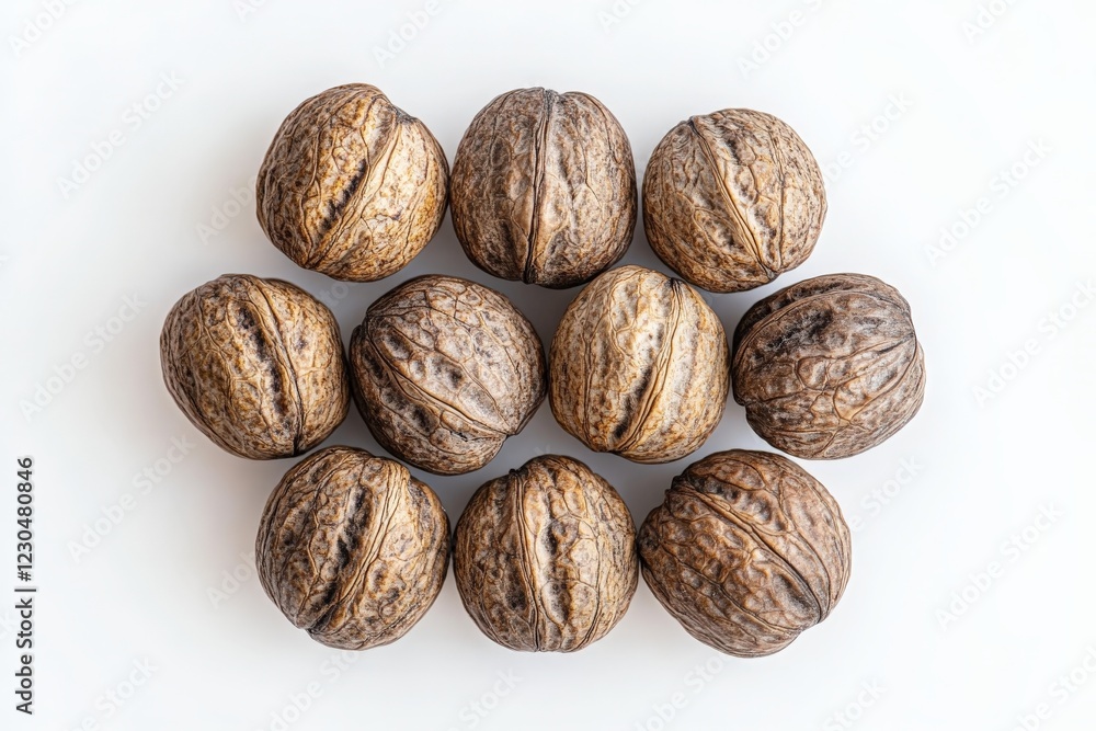 Poster Walnuts arranged in an intricate pattern on a light background showcasing their textured shells