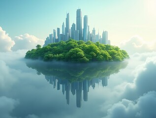 ts a stunning, futuristic cityscape rising from an ethereal island surrounded by a reflective water surface.