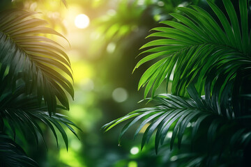 Lush green palm leaves bathed in sunlight create a tranquil scene