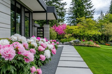 Obraz premium In a vibrant garden filled with lush greenery and a variety of seasonal flowers, colorful peonies flourish next to a contemporary house on a bright, sunny day