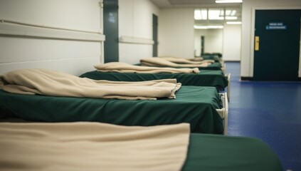 Row of Empty Beds in a Dormitory