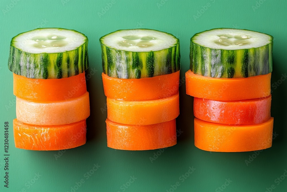 Poster Stacked slices of cucumber and carrots on a green background creating a vibrant food display