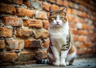 Obraz premium Tabby Cat Posing Next to Brick Wall - Authentic Documentary Style Photograph