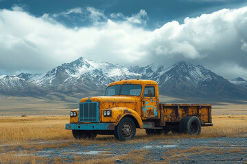 Rusty Vintage Truck Parked Against Snowy Mountains