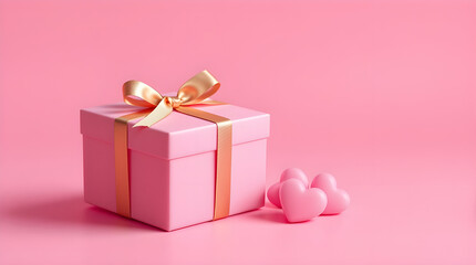 Fototapeta premium Pink gift box two heart and the concept of Valentine's day in red background.