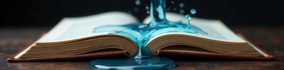 Water pours out of a book's spine, flowing down the page, ink bleeding, water spilling