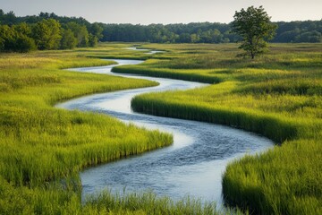 Serene winding river flows through lush green wetlands at golden hour