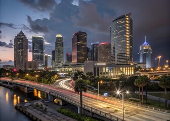 Naklejka premium Tampa Downtown Skyline Double Exposure: Modern Florida Metropolis at Night