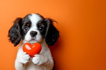 English springer spaniel - my treasured dog. Cute english springer spaniel dog with diamond red heart - symbol of love, funny greeting card. Marketing idea. Puppy love valentine. Dogs and love.