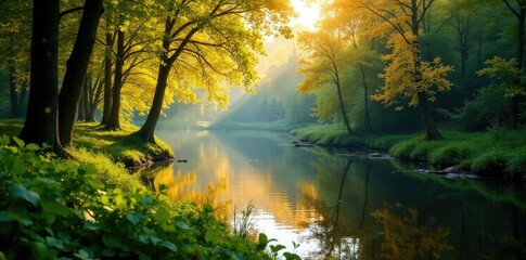 Shimmering green autumn foliage near the shoreline, woodland ecosystem, foliage, leaves