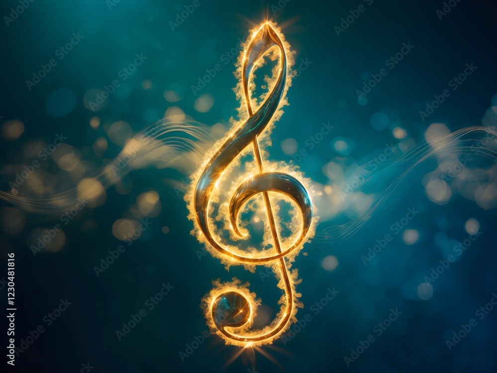 Fototapete a gold treble clef on a black background.single music note design element on dark background.golden 