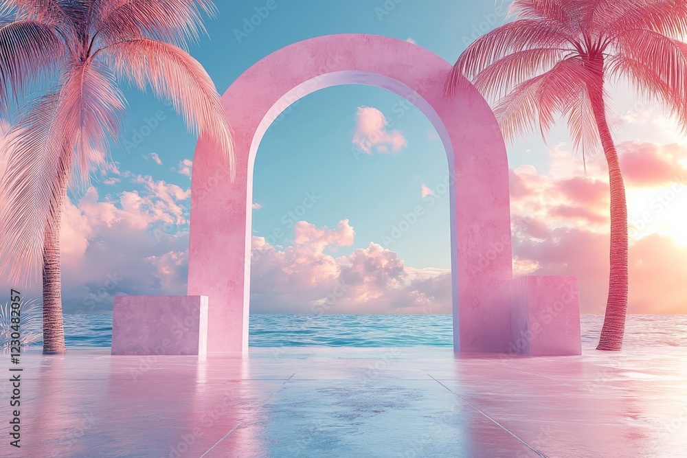 Poster Vibrant sunset view through an architectural arch surrounded by palm trees and ocean waves at a tropical location