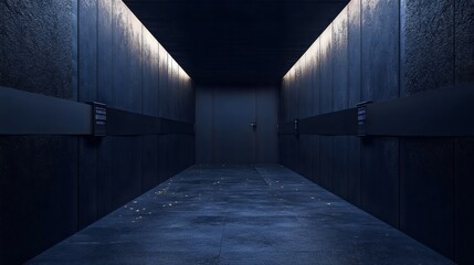 A dark hallway with a door in the middle