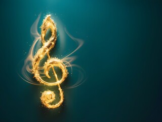 A gold treble clef on a black background.Single Music Note Design Element on Dark Background.Golden Music Notes and Treble Clef Floating Against Dark Background.