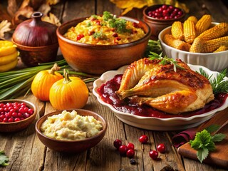 Thanksgiving Dinner Cartoon Food Icons: Festive Fall Harvest Illustration